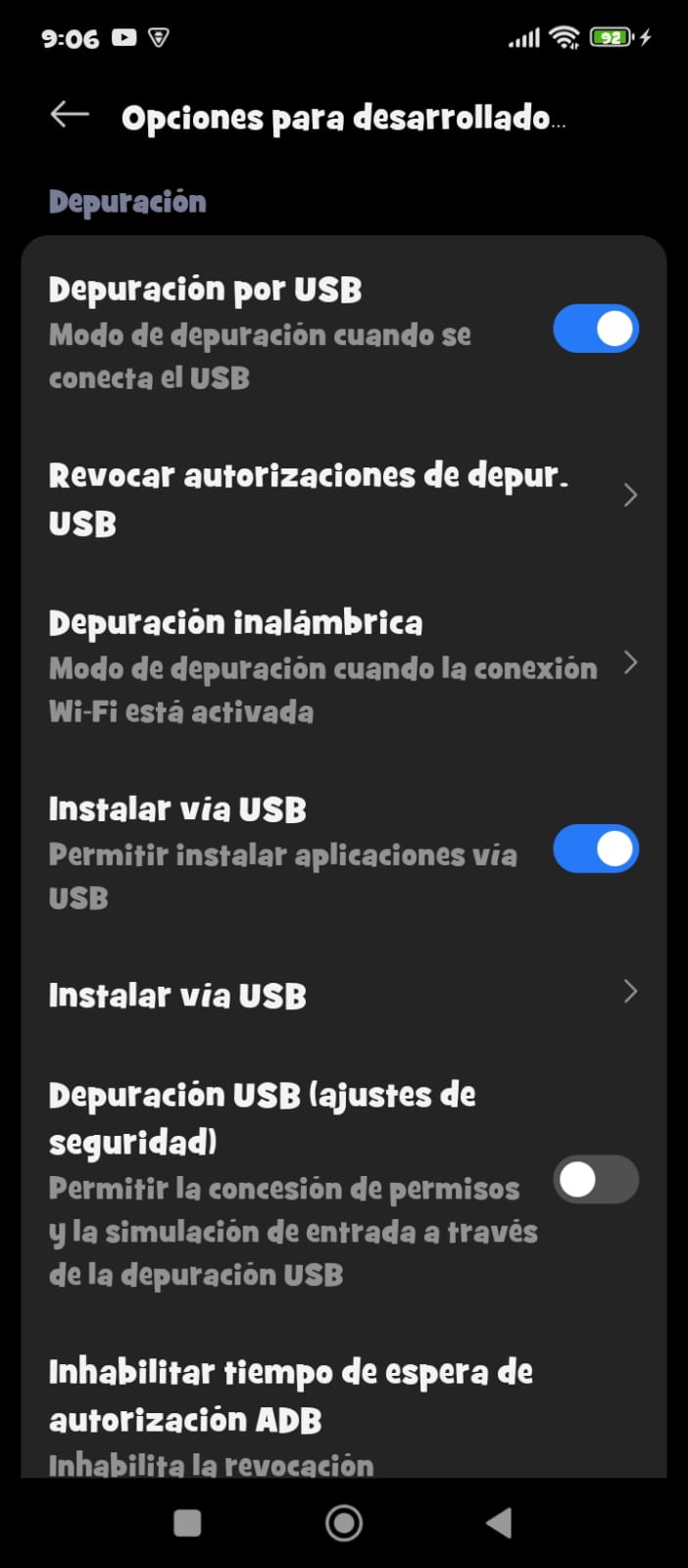 Pantallazo de Opciones de Desarrollador en el teléfono