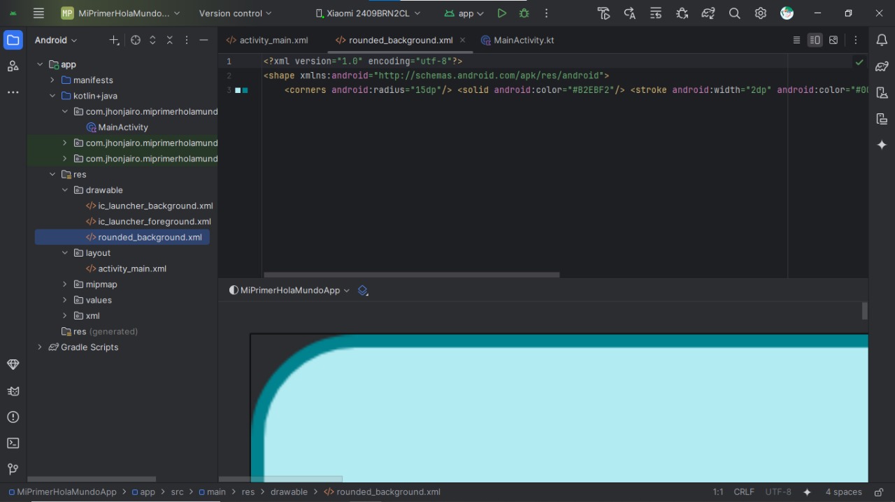 Pantallazo del drawable XML en Android Studio