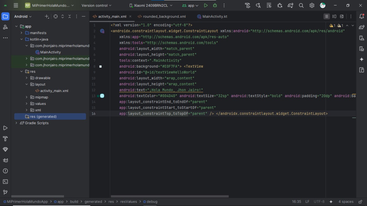 Pantallazo del layout XML en Android Studio