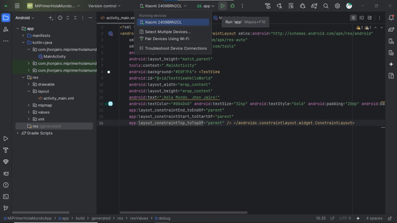 Pantallazo de Android Studio mostrando el teléfono conectado